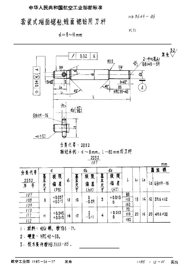 套装式端面锪钻、锥面锪钻用刀杆 d＝8～11mm (HB 3549-1985)