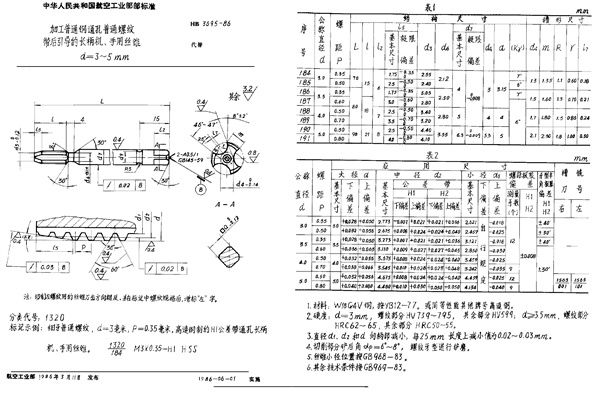 加工普通钢通孔普通螺纹带后引导的长柄机、手用丝锥 d＝3～5mm (HB 3695-1986)