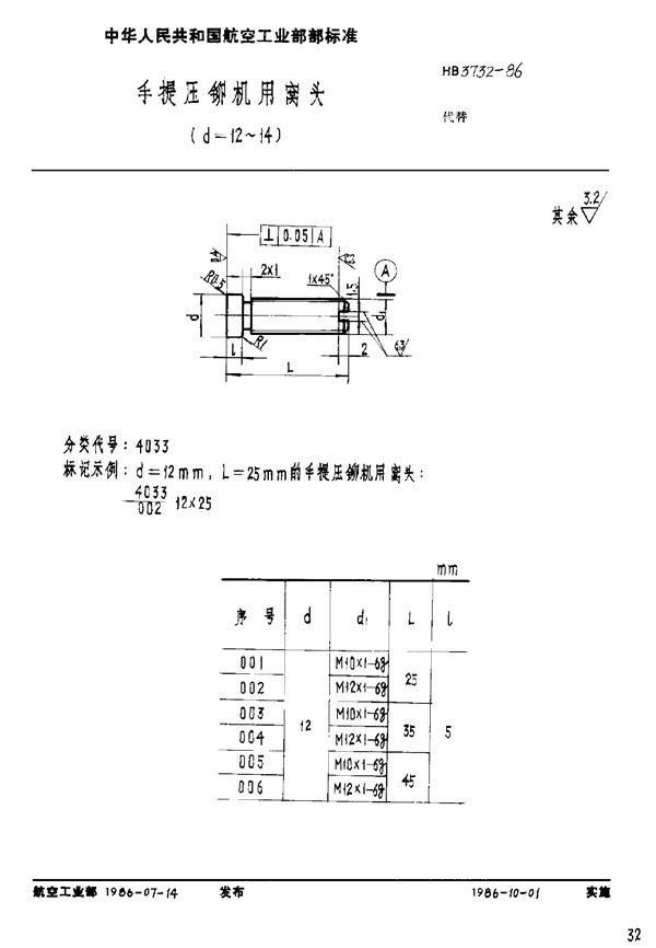 手提压铆机用窝头(D=12～14) (HB 3732-1986)