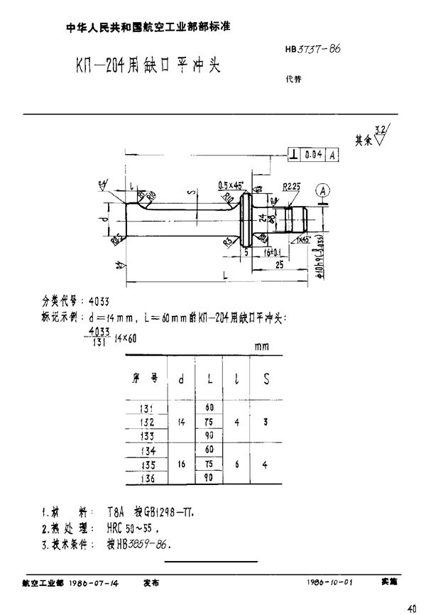 KΠ-204用缺口平冲头 (HB 3737-1986)