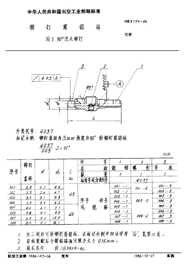 铆钉窝锪钻 用于90°沉头铆钉 (HB 3795-1986)