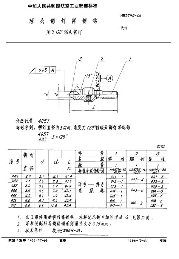 铆钉窝锪钻 用于120°沉头铆钉 (HB 3796-1986)