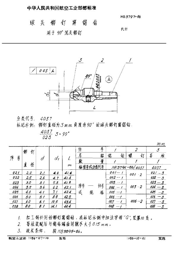 球头铆钉窝锪钻 用于90°沉头铆钉 (HB 3797-1986)