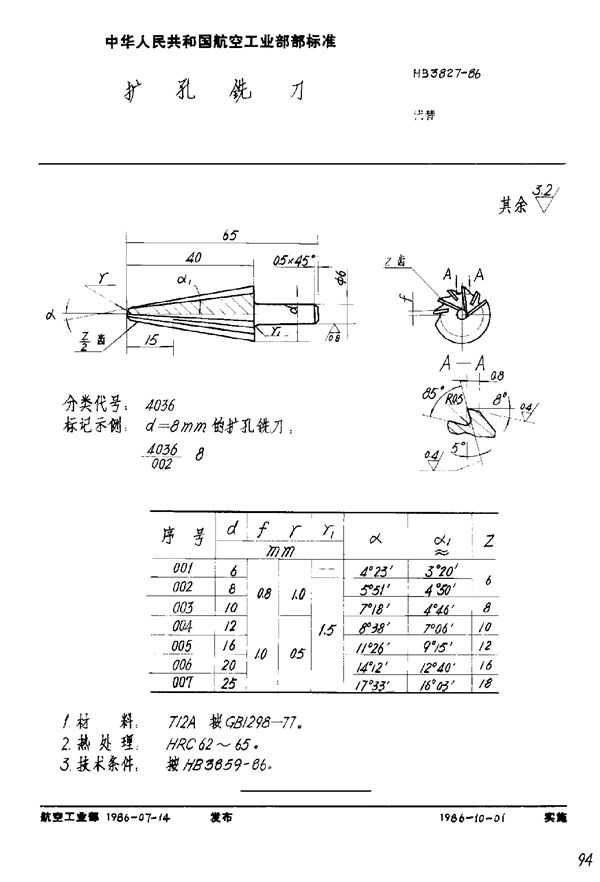 扩孔铣刀 (HB 3827-1986)