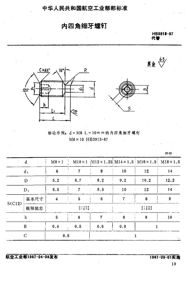 内四角细牙螺钉 (HB 3913-1987)