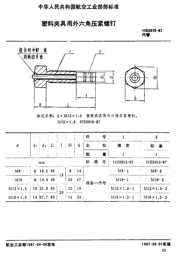 塑料夹具用外六角压紧螺钉 (HB 3915-1987)