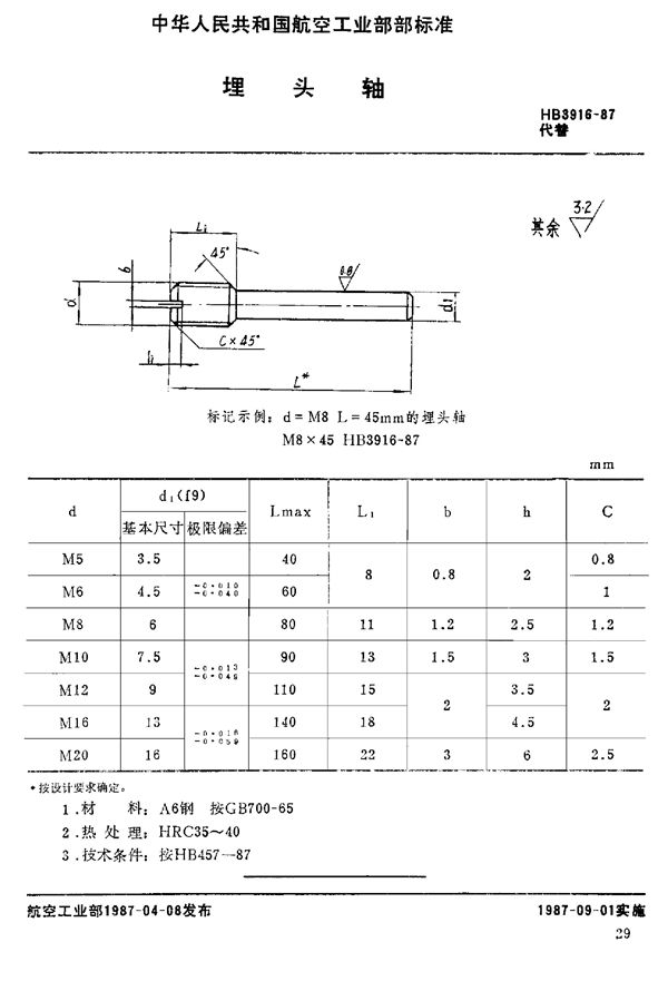 埋头轴 (HB 3916-1987)