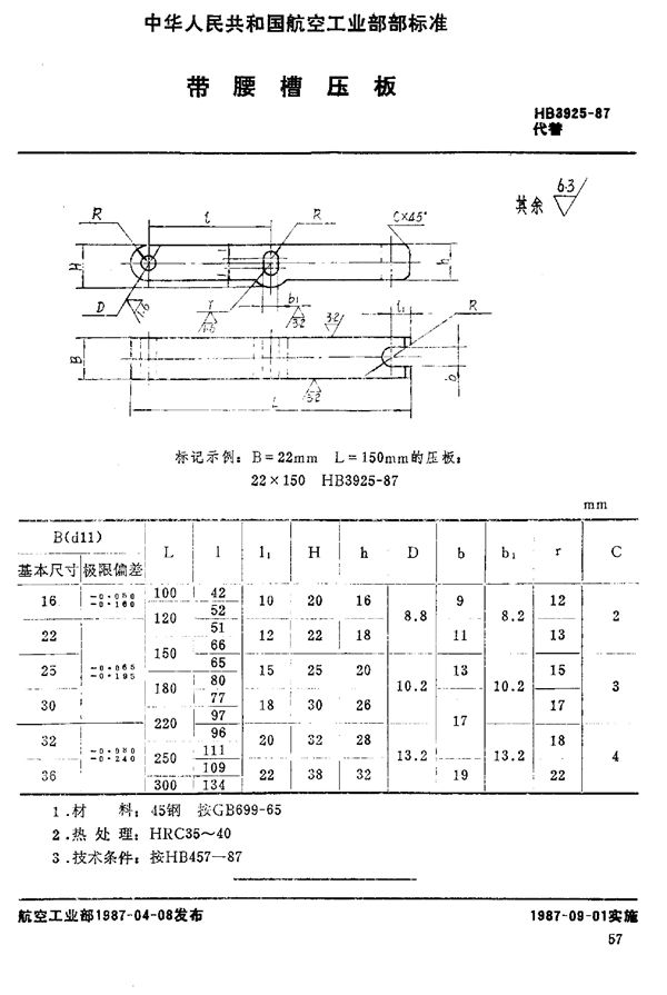 带腰槽压板 (HB 3925-1987)