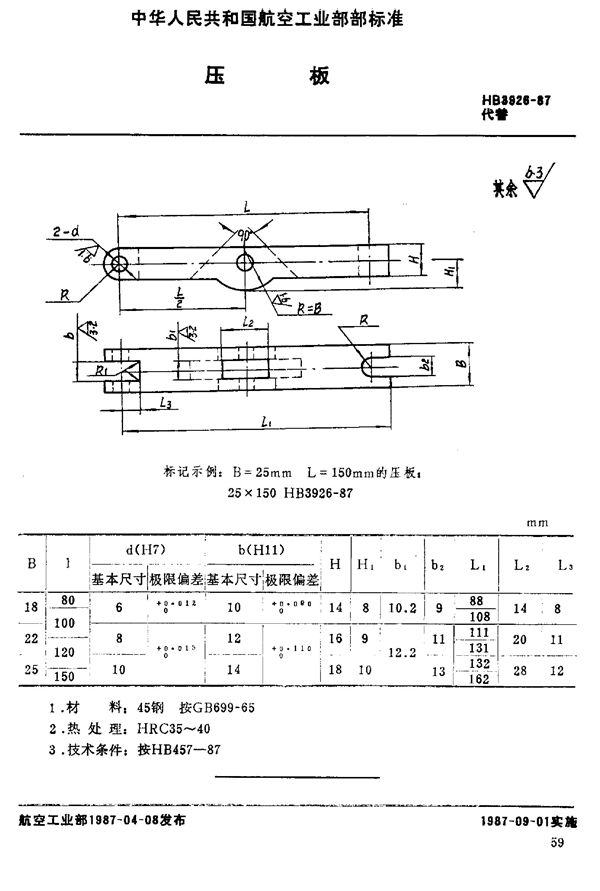 压板 (HB 3926-1987)