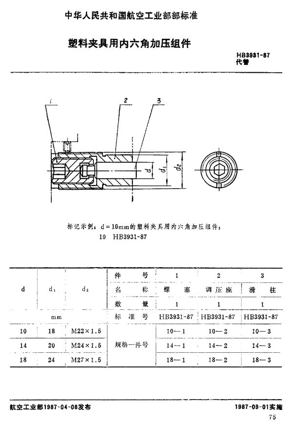 塑料夹具用内六角加压组件 (HB 3931-1987)