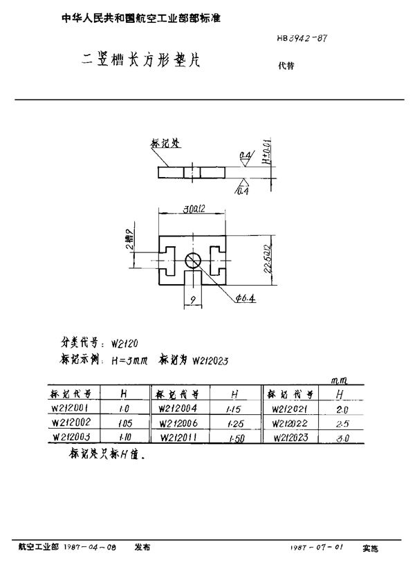 二竖槽长方形垫片 (HB 3942-1987)