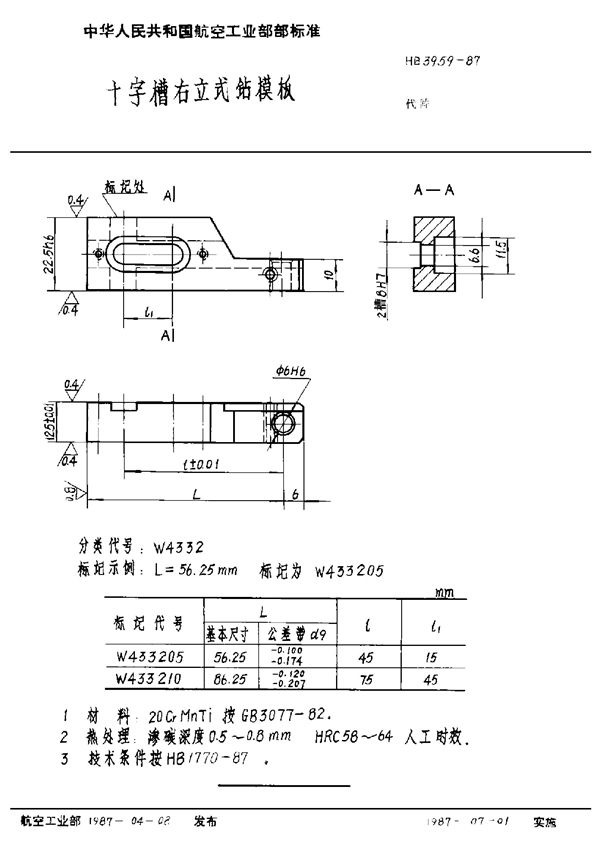 十字槽右立式钻模板 (HB 3959-1987)