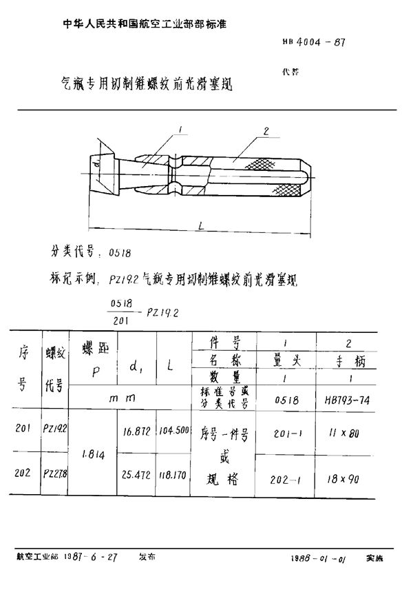 气瓶专用切制锥螺纹前光滑塞规 (HB 4004-1987)