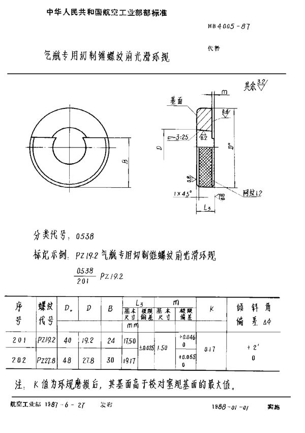 气瓶专用切制锥螺纹前光滑环规 (HB 4005-1987)