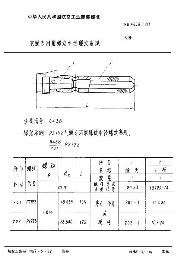 气瓶专用锥螺纹中径螺纹塞规 (HB 4006-1987)