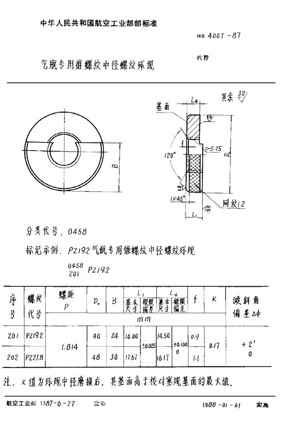 气瓶专用锥螺纹中径螺纹环规 (HB 4007-1987)