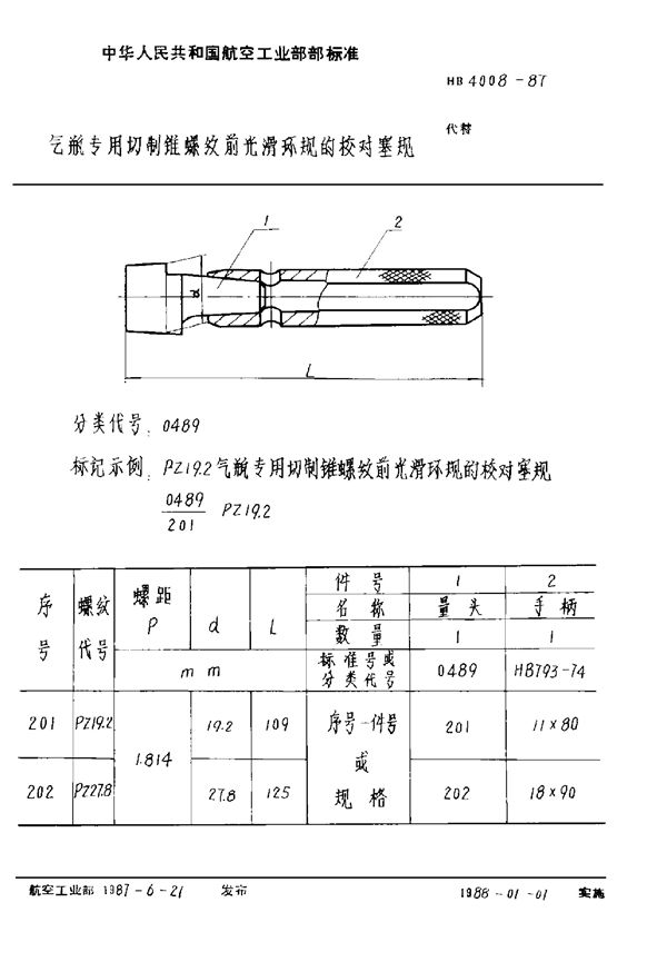 气瓶专用切制锥螺纹前光滑环规的校对塞规 (HB 4008-1987)