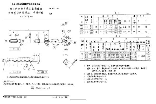 加工轻合金不通孔普通螺纹带后引导的短柄机、手用丝锥 d=3~3.5mm (HB 4166-1988)