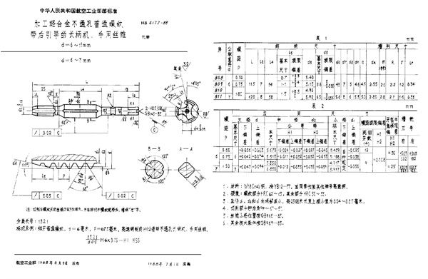 加工轻合金不通孔普通螺纹带后引导的长柄机、手用丝锥 d=6～11mm (HB 4172-1988)