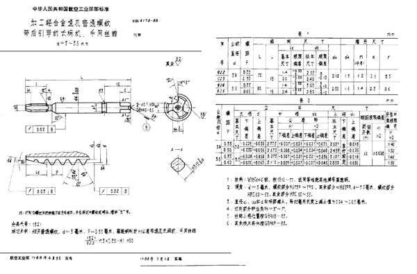 加工轻合金通孔普通螺纹带后引导的长柄机、手用丝锥 d=3～3.5mm (HB 4178-1988)