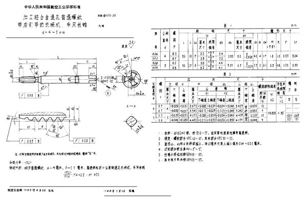 加工轻合金通孔普通螺纹带后引导的长柄机、手用丝锥 d=4～4.5 (HB 4179-1988)