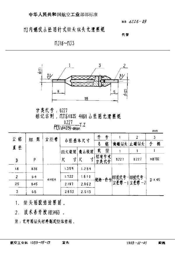 MJ内螺纹小径用针式量头双头光滑塞规 MJ1.6～MJ3 (HB 4224-1989)