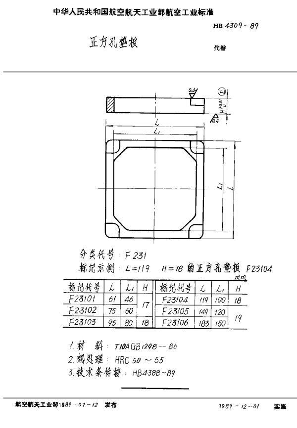 正方孔垫板 (HB 4309-1989)