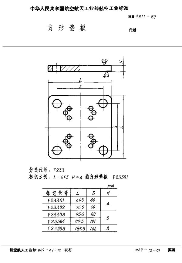 方形垫板 (HB 4311-1989)