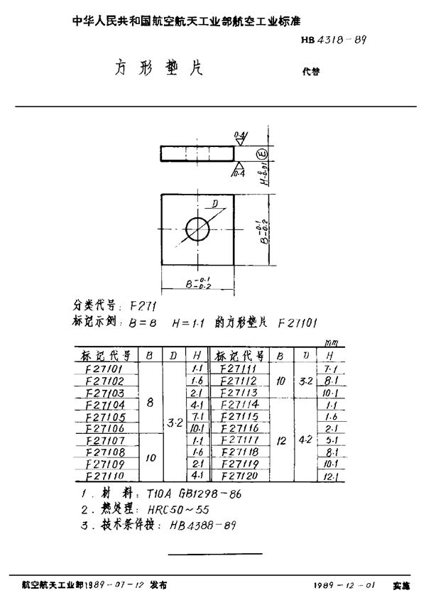 方形垫片 (HB 4318-1989)