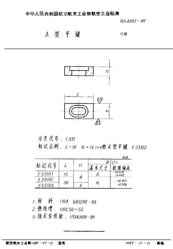 A型平键 (HB 4332-1989)