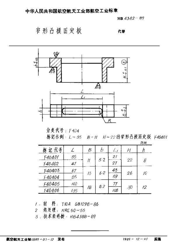 窄形凸模固定板 (HB 4342-1989)