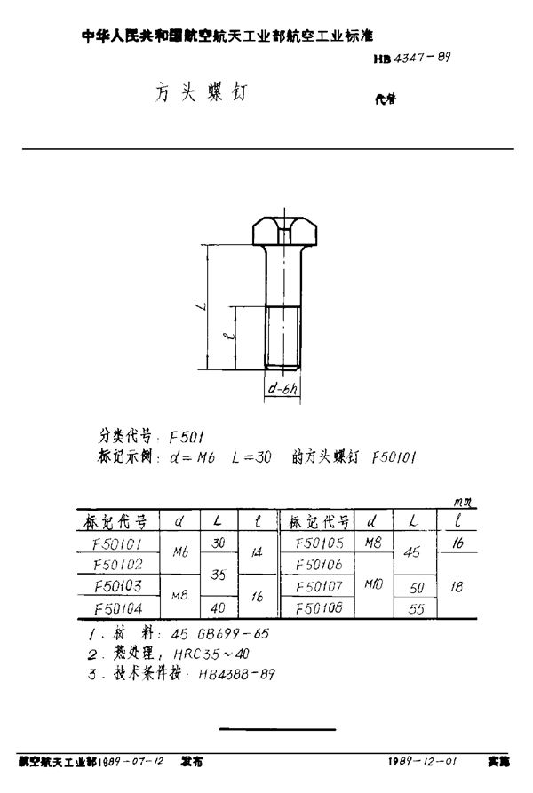 方头螺钉 (HB 4347-1989)