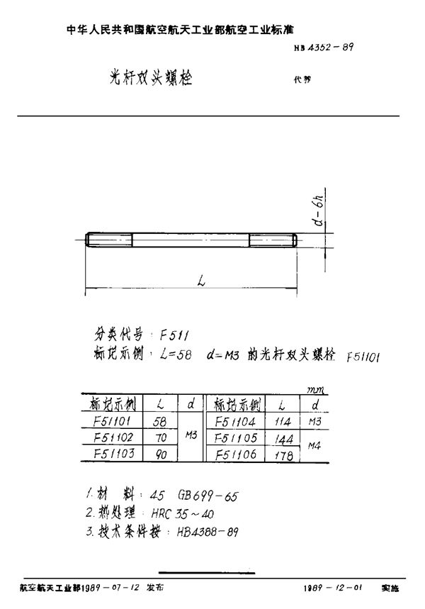 光杆双头螺栓 (HB 4352-1989)