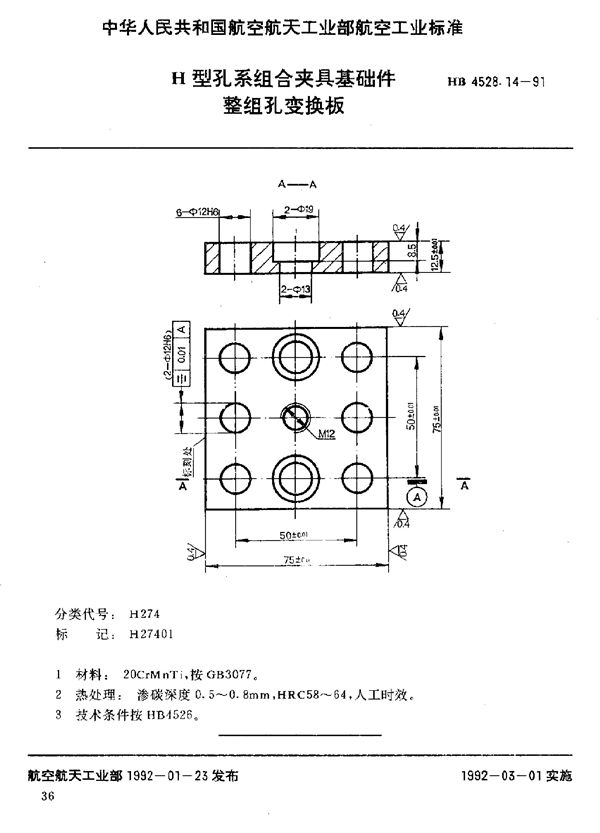 H型孔系组合夹具基础件 整组孔变换板 (HB 4528.14-1991)