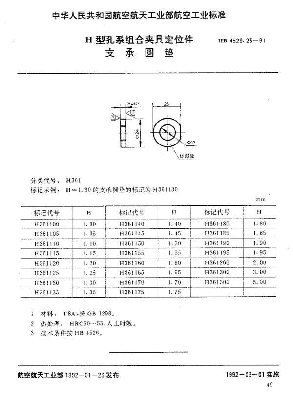 H型孔系组合夹具定位件 支承圆垫 (HB 4529.25-1991)