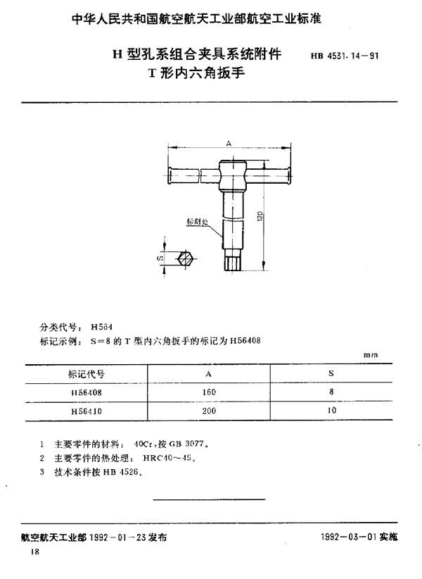 H型孔系组合夹具系统附件 T形内六角扳手 (HB 4531.14-1991)