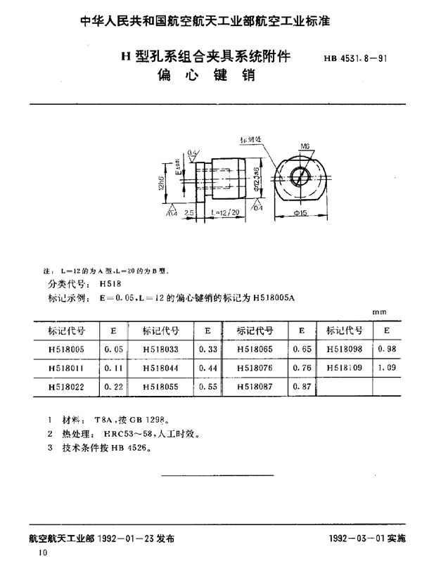 H型孔系组合夹具系统附件 偏心键销 (HB 4531.8-1991)