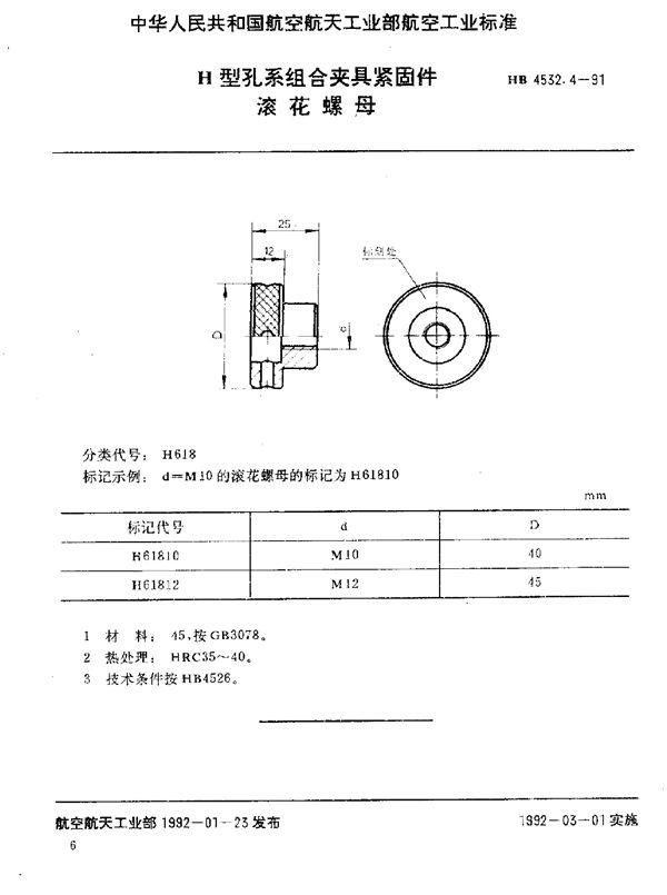 H型孔系组合夹具紧固件 滚花螺母 (HB 4532.4-1991)