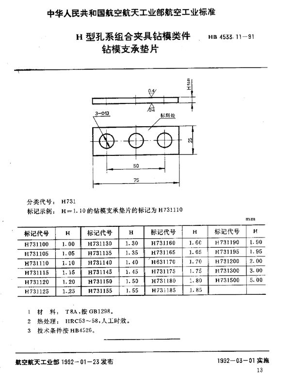 H型孔系组合夹具钻模类件 钻模支承垫片 (HB 4533.11-1991)