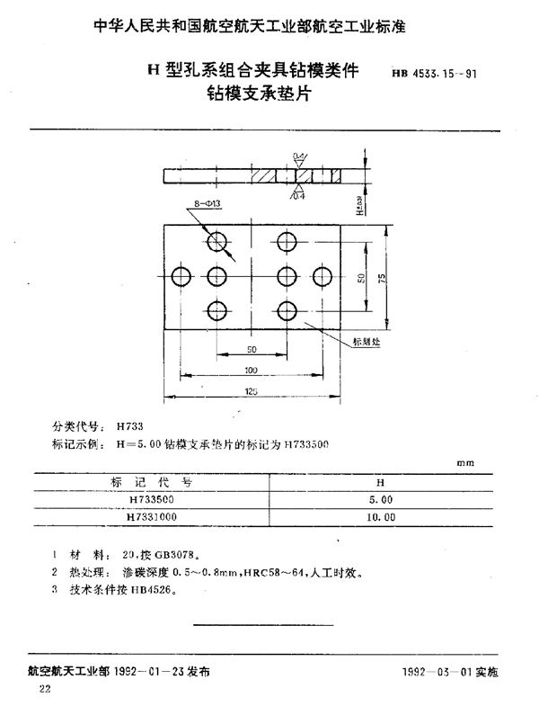 H型孔系组合夹具钻模类件 钻模支承垫片 (HB 4533.15-1991)