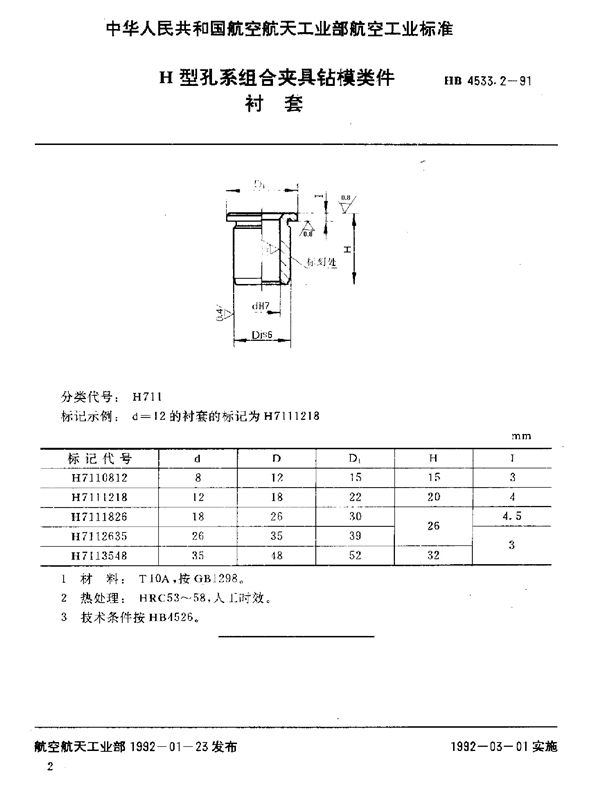 H型孔系组合夹具钻模类件 衬套 (HB 4533.2-1991)