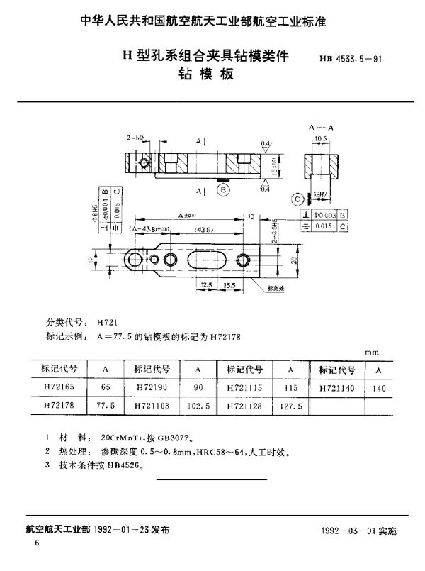 H型孔系组合夹具钻模类件 钻模板 (HB 4533.5-1991)