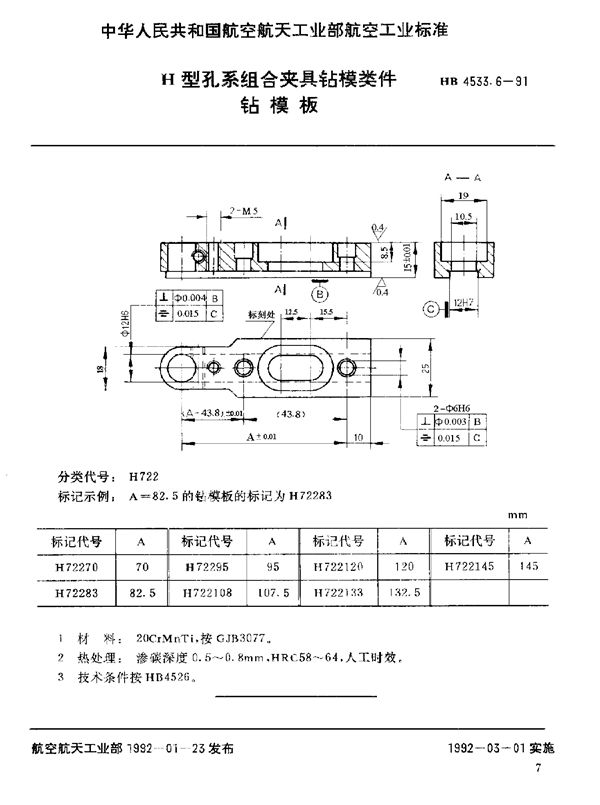 H型孔系组合夹具钻模类件 钻模板 (HB 4533.6-1991)