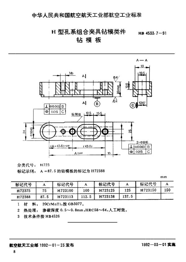 H型孔系组合夹具钻模类件 钻模板 (HB 4533.7-1991)