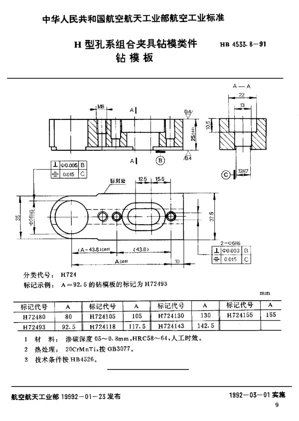 H型孔系组合夹具钻模类件 钻模板 (HB 4533.8-1991)