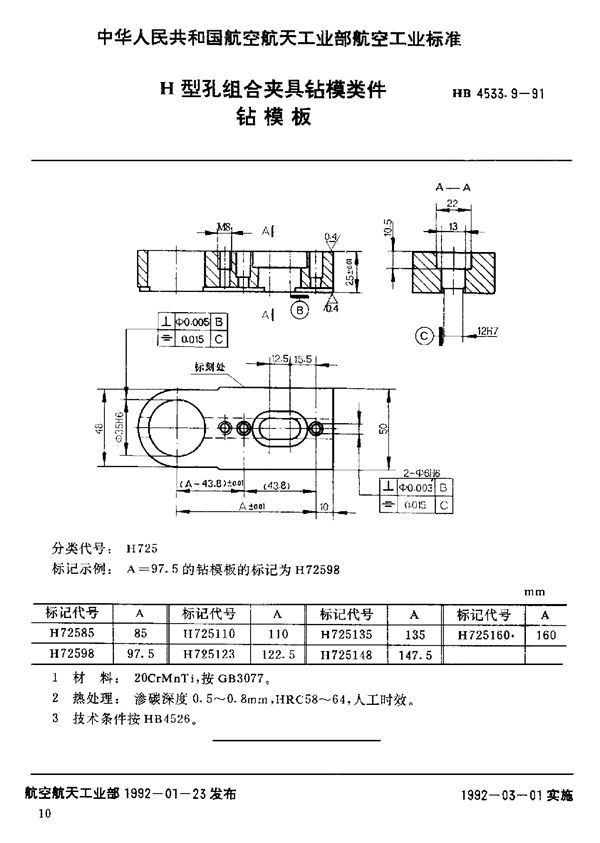 H型孔系组合夹具钻模类件 钻模板 (HB 4533.9-1991)