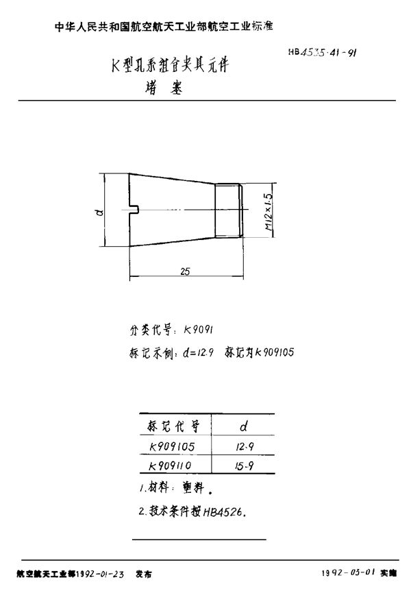 K型孔系组合夹具元件 堵塞 (HB 4535.41-1991)