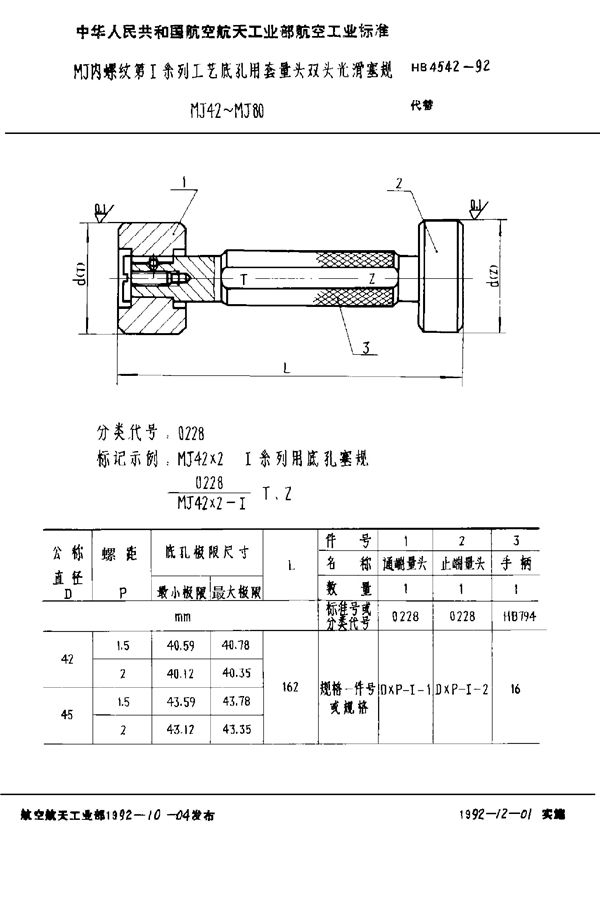 MJ内螺纹第Ⅰ系列工艺底孔用套量头双头光滑塞规 MJ42～MJ80 (HB 4542-1992)