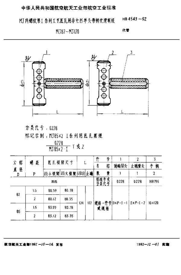 MJ内螺纹第Ⅰ系列工艺底孔用非全形单头带柄光滑塞规 MJ82～MJ120 (HB 4543-1992)