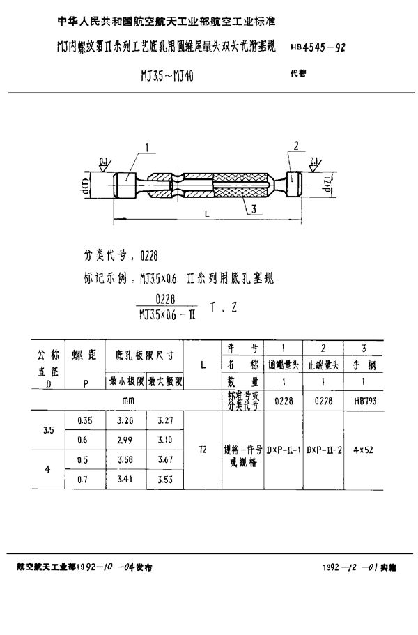 MJ内螺纹第Ⅱ系列工艺底孔用圆锥尾量头双头光滑塞规MJ3.5~MJ40 (HB 4545-1992)